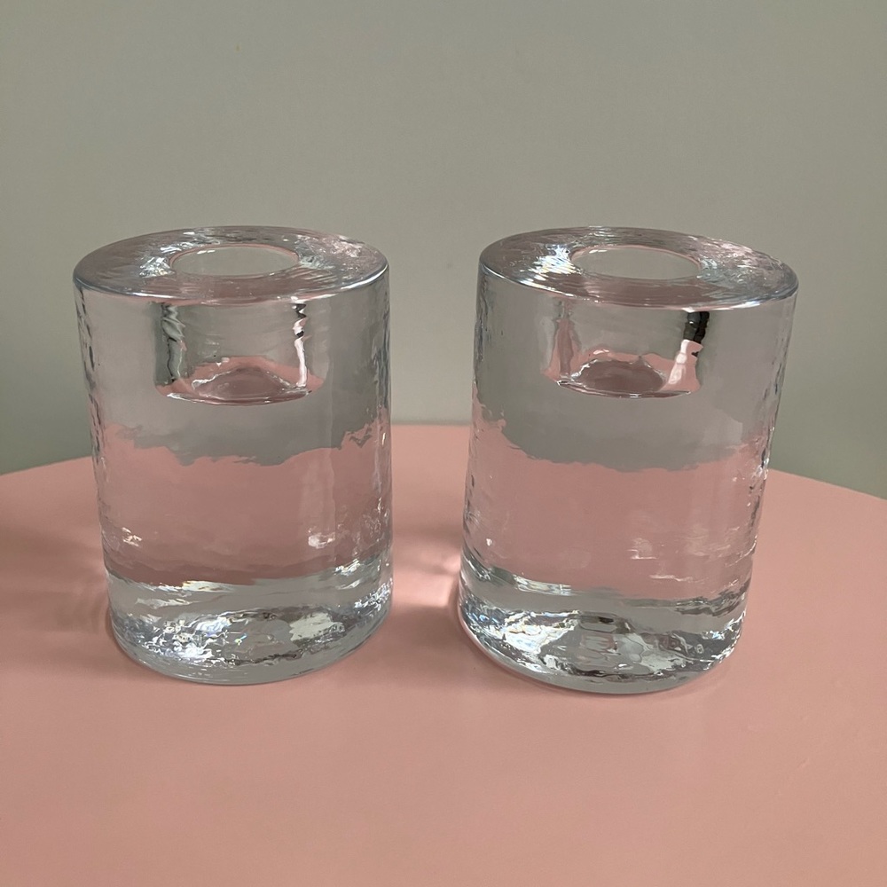 (2) Ice glass taper candle holders